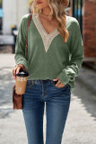 V Neck Crochet Plain Long Sleeve Top