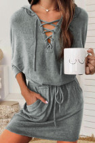 Gray Pocket Lace Up Drawstring Hooded Mini Dress