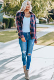 Plaid Button Pocket Long Sleeve Asymmetric Shirt