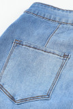 Sky Blue High Waist Raw Hem Button Ripped Flare Jeans