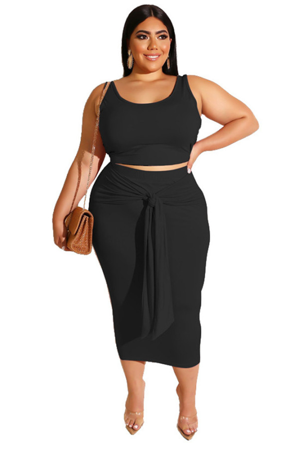Black Solid Color Casual Outfits Bodycon Plus Size Two Piece Set