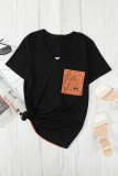 Black Women's Casual Printed Splicing Pullover Pocket T-shirt