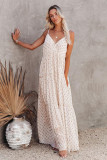 Beige Pattern Print Tiered Ruffled Spaghetti Strap V Neck Maxi Dress