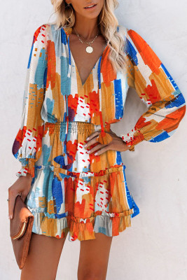 Multicolor Abstract Print V Neck Long Sleeve Tie Waist Mini Dress