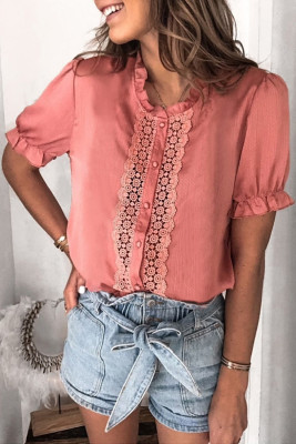 Lace Crochet Frilled Short Sleeve Top