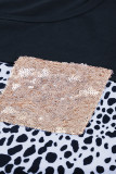 Leopard Plaid Splicing Sequin Pocket Long Sleeve Top