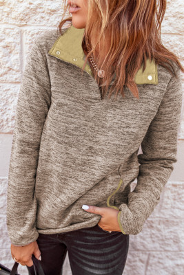 Apricot Heathered Turn-down Collar Pullover Sweatshirt