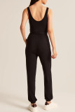 Black Buttons V Neck Slim-fit Lace-up High Waist Jumpsuit