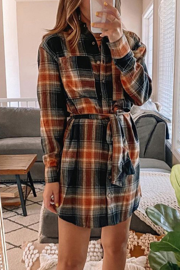 Plaid Chest Pocket Shirt Mini Dress with Belt