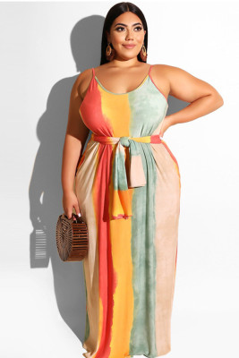 Women Sleeveless Stripe Design Plus Size Dress