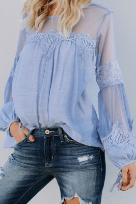 Sky Blue Fashion Lantern-Sleeve Lace Patchwork Top