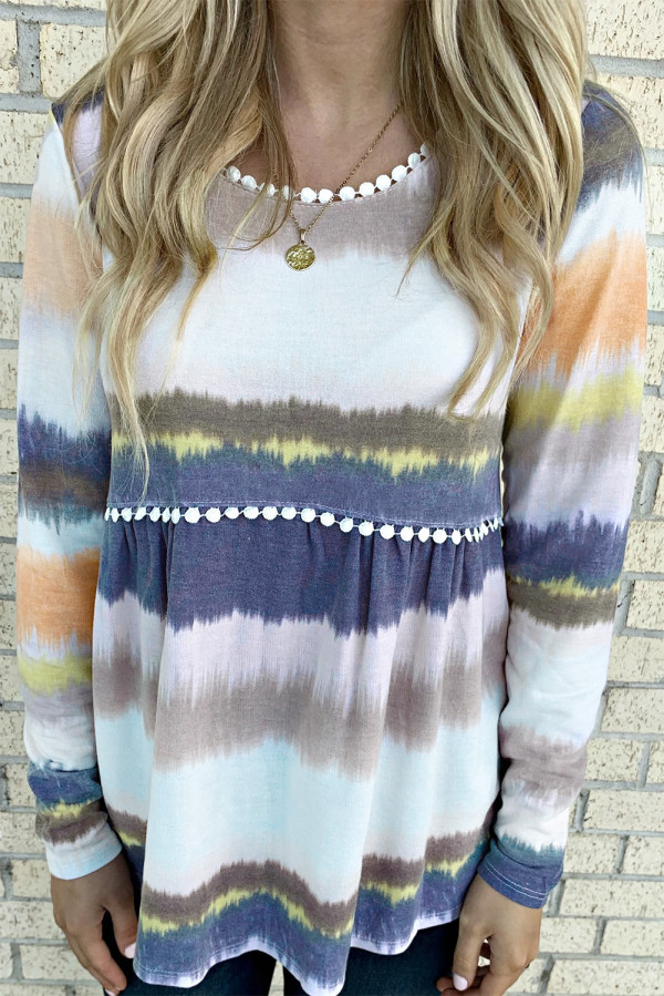 Tie-dyed Print Pom Pom Trim Long Sleeve Top