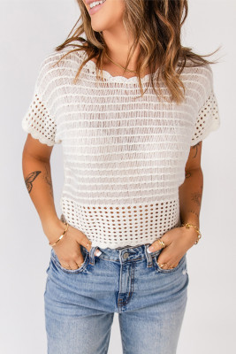 White Open Knit Hollow-out Short Sleeve Top