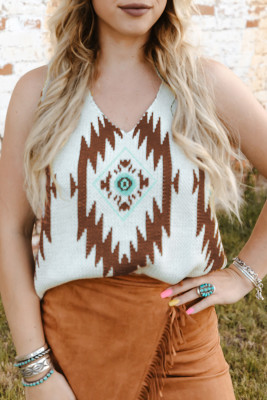 White V Neck Aztec Pattern Sweater Vest