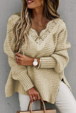 Beige Lace Scalloped V-Neck Side Split Loose Sweater