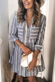 Gray Contrast Striped Buttoned Shirt Dress