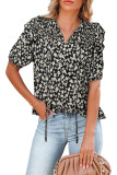 Black Floral Print Smocked Ruffled V Neck T-shirt