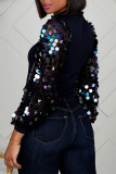 Dark Blue Sequin Puff Long Sleeves Top