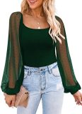 Puffy Sheer Sleeves Square Neck Long Sleeves Top