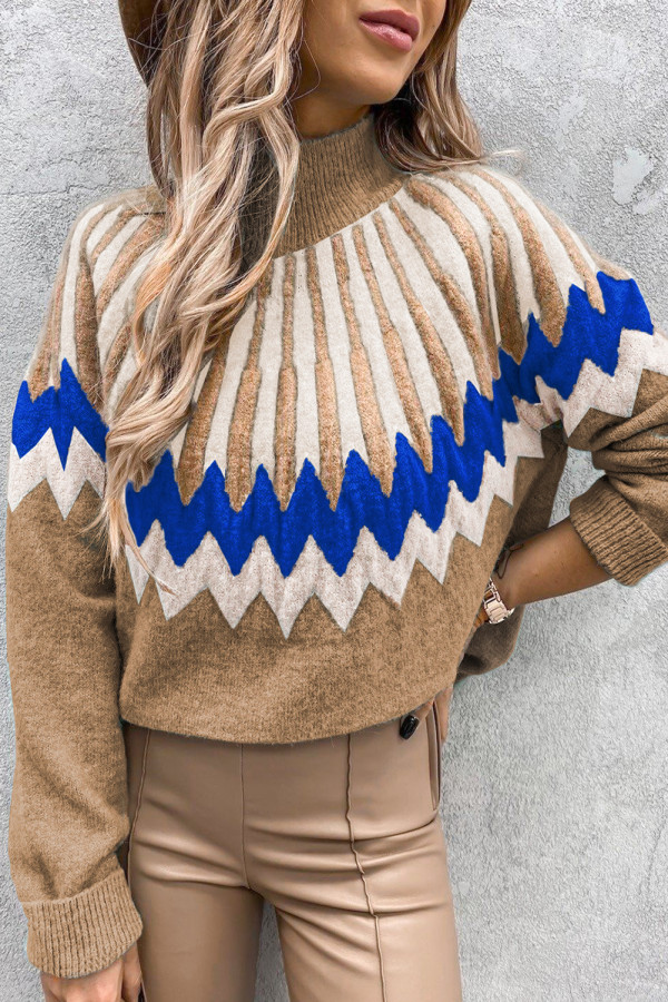 Brown Stand Collar Geometric Pattern Pullover Sweater