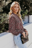 Red Floral Print Smocked Ruffled Long Sleeve Blouse