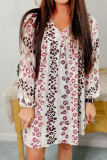 White Leopard V Neck Puffy Sleeve Dress