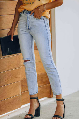 Washed Stretch Straight Ripped Jeans Pants