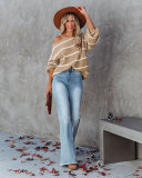 Off Shoulder Pin Striped Loose Pullover Sweaters