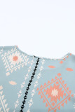 Sky Blue Geometric Aztec Print Long Sleeve Blouse