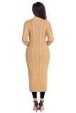 Khaki Cable Knit Open Front Long Cardigan