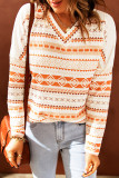 Orange Geometric Print V Neck Long Sleeve Top