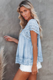 Sky Blue Lace Pom Pom Splicing Square Neck Blouse