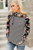 Black Striped Floral Print Long Sleeve Zipper Hoodie