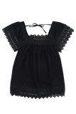 Black Lace Pom Pom Splicing Square Neck Blouse
