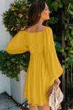Yellow Square Neck Puff Sleeve Babydoll Style Short Dress
