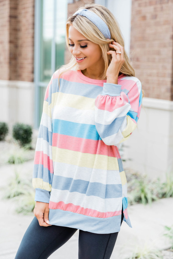 Orange Striped Colorblock Long Sleeve Pullover Sweatshirt