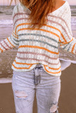 Orange Striped Knitted V Neck Sweater