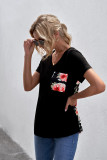 Black Women's Casual Floral Printed Splicing Pullover Pocket T-shirt