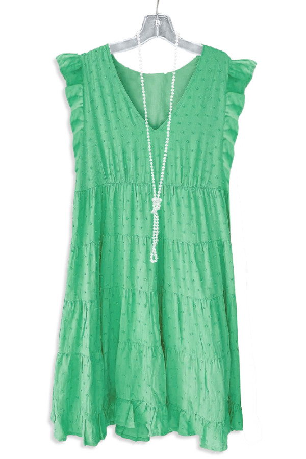 Spot Texture V Neck Ruffle Sleeveless Mini Dress