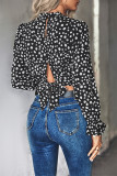 Spot Print Ruffle Neck Back Hollow Out Long Sleeves Crop Top