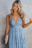 Sky Blue Spaghetti Strap Criss Cross Lace Maxi Dress