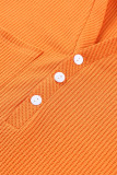 Orange Buttoned V Neck Drop Shoulder Waffle Knit Top