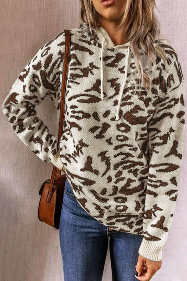 Beige Leopard Print Long Sleeve Hooded Sweatshirt