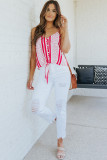 Boho Print V Neck Front Buttons Thin Straps Tank
