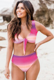 Purple Gradient Color Knotted V Neck Bikini Swimsuit