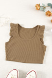 Brown Ruffle Strap Ribbed Sleeveless Crop Top