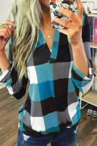 Sky Blue Contrast Plaid V Neck Long Sleeve Top