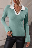 Color Block Lapel Collar Flare Sleeves Knit Top