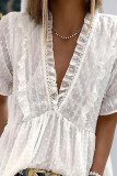White Ruffled V Neck Frill Hem Swiss Dot Blouse