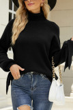 Plain Turtle Neck Tie Sleeves Knit Sweaters